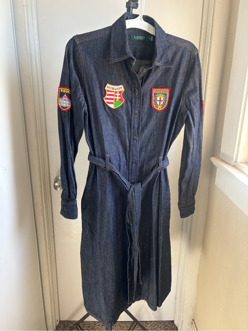 Ralph Lauren Dark Blue Denim Jacket Dress with Embroidered Badge Patches